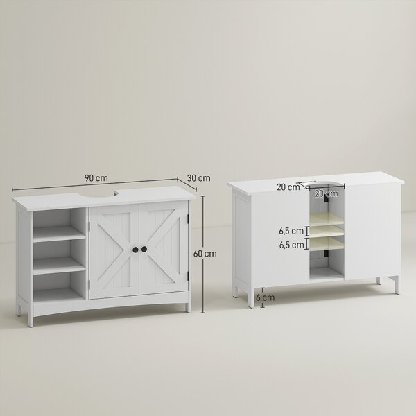 Kleankin Mobile Sotto Lavabo Bagno con Armadietto a 2 Ante e 3 Ripiani Aperti in Legno, 90x30x60cm, Bianco