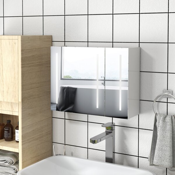 Kleankin Armadietto con Specchio con Ripiani Regolabili e Luci LED a 3 Colori, in MDF e Vetro, 90x15x70 cm, Bianco