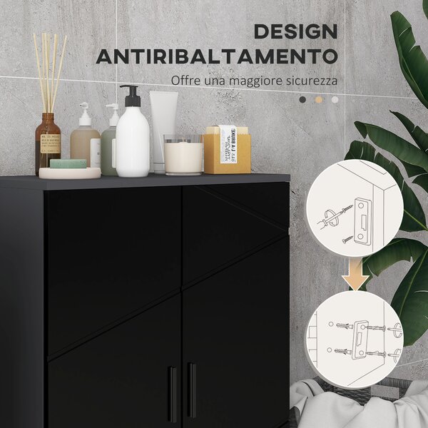 Kleankin Mobiletto Bagno 2 Ante con rivestimento di protezione dall'acqua, Armadietto con 3 ripiani e Chiusura Ammortizzata, Legno, Nero|Aosom Italy