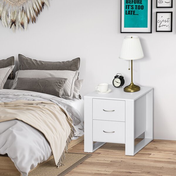HOMCOM Comodino Moderno in Legno con 2 Cassetti per Camera da Letto, 48x39x54cm, Bianco|Aosom