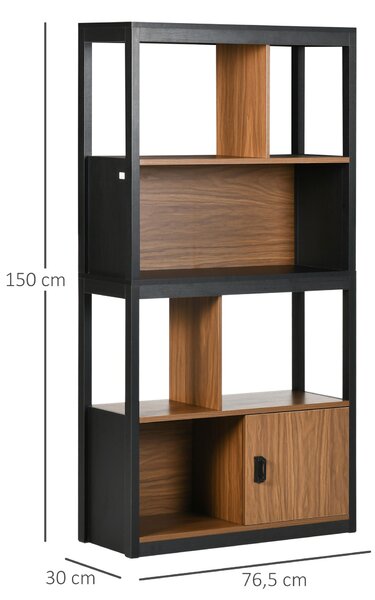 HOMCOM Mobile Libreria 4 Livelli Aperti con Armadietto, in Truciolato e MDF, 76.5x30x150 cm, Marrone e Nero|Aosom