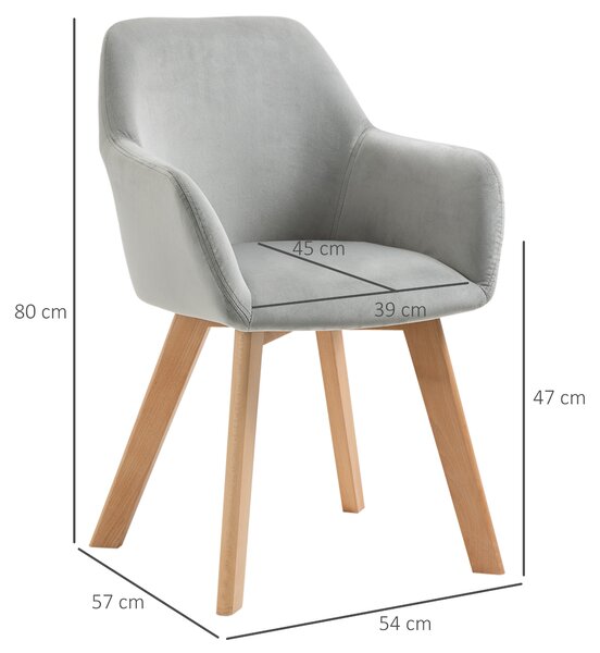 HOMCOM Set 2 Sedie per Soggiorno Imbottite in Velluto con Braccioli e Gambe in Legno, Sedie Sala da Pranzo, 54x57x80cm, Grigio | Aosom Italy