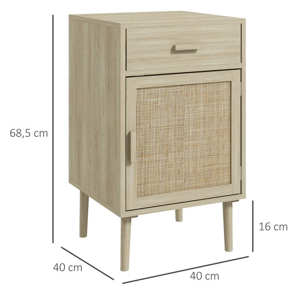 HOMCOM Set 2 Comodini per Camera da Letto con Cassetto e Anta in Rattan Stile Boho, Colore Legno|Aosom