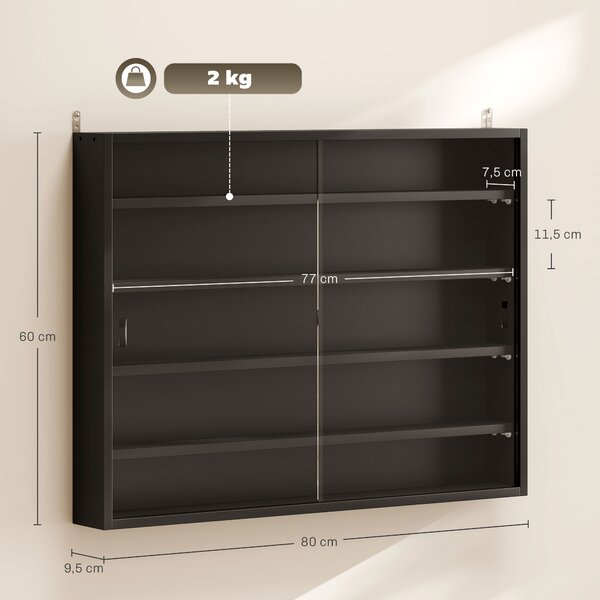 HOMCOM Vetrina a 5 Livelli a Muro con Ripiani Regolabili, in Vetro e Truciolato, 80x9.5x60 cm, Nero | Aosom Italy