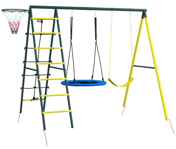 Outsunny Set Altalene da Giardino Rotonda e Classica, Scalette in Acciaio e Corda e Canestro per Bambini 3-8 Anni|Aosom