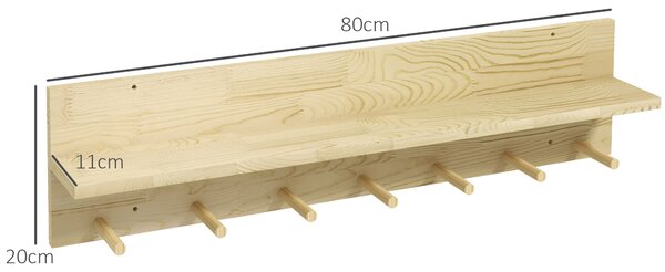 HOMCOM Mensola da Parete in Legno di Abete con 7 Ganci per Ingresso e Soggiorno, 80x12x20 cm|Aosom
