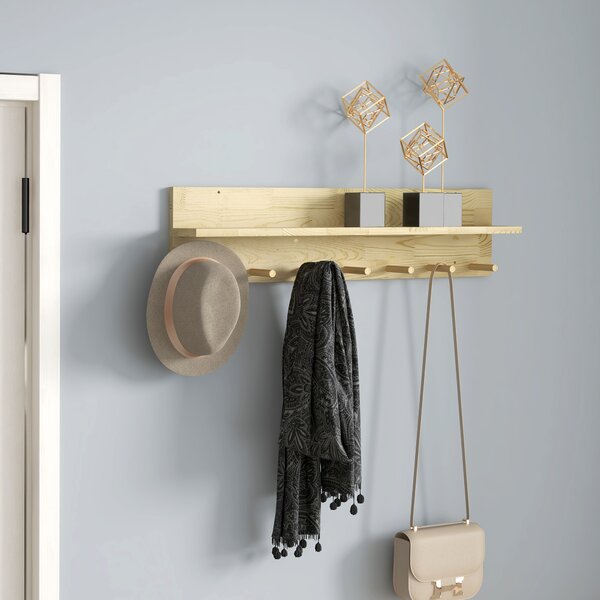 HOMCOM Mensola da Parete in Legno di Abete con 7 Ganci per Ingresso e Soggiorno, 80x12x20 cm|Aosom
