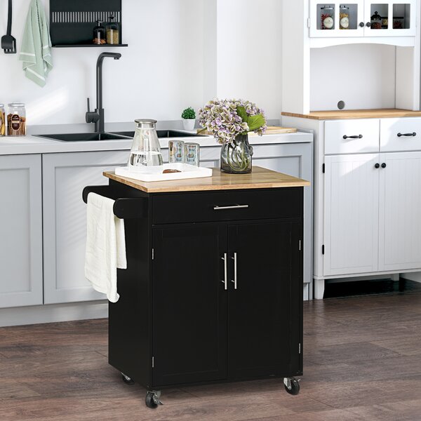 HOMCOM Carrello da Cucina con Armadietto 2 Ante e Cassetto, Ruote e Barra Laterale, 83x45x91.5 cm, Nero | Aosom Italy
