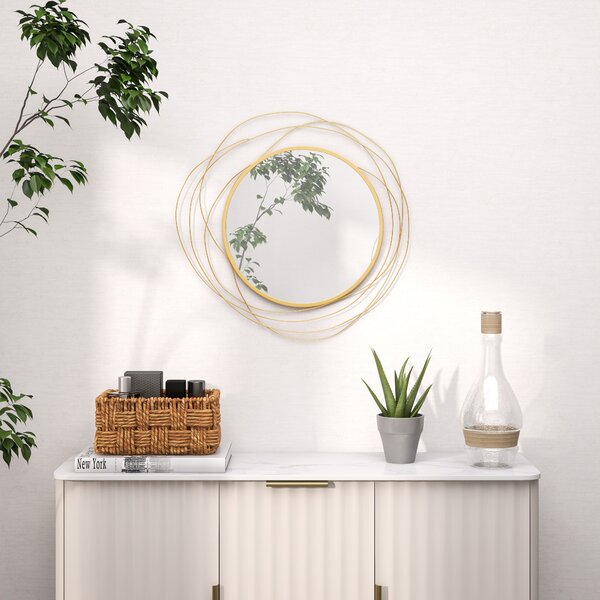 HOMCOM Specchio Moderno e Rotondo Decorativo a Muro con Ganci, in Vetro e Metallo, Ø65x1 cm, Oro|Aosom