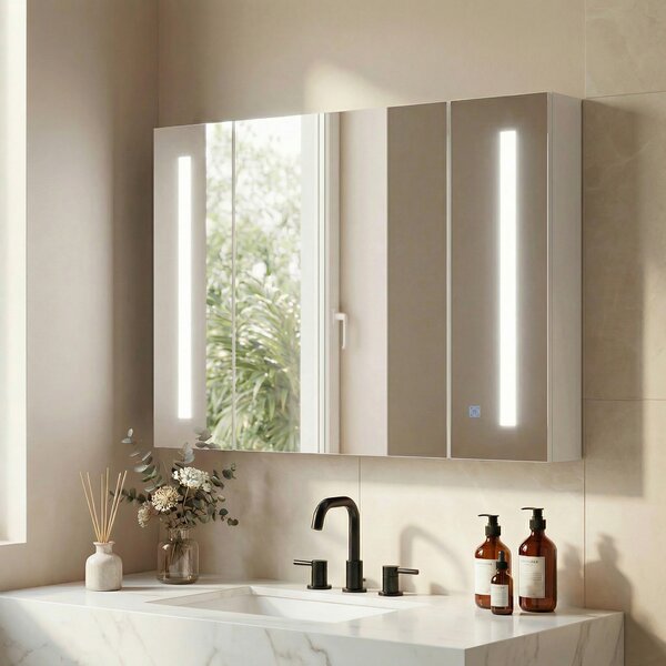 Kleankin Armadietto Specchiera da Bagno con 3 Armadietti, 3 Ripiani e Luce LED, 90x15x65 cm, Bianco|Aosom