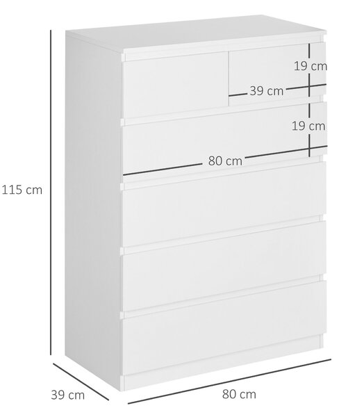 HOMCOM Cassettiera 6 Cassetti con Design Antiribaltamento, in Truciolato, 80x39x115 cm, Bianco|Aosom