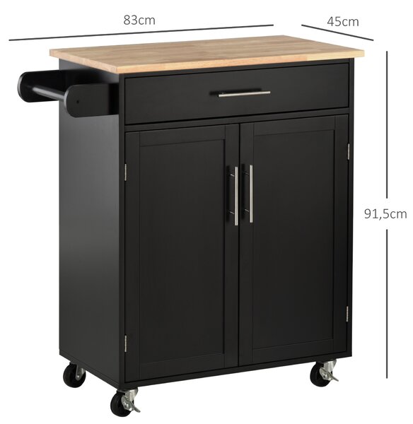 HOMCOM Carrello da Cucina con Armadietto 2 Ante e Cassetto, Ruote e Barra Laterale, 83x45x91.5 cm, Nero | Aosom Italy