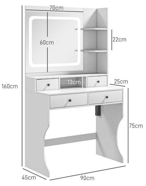 HOMCOM Toeletta Trucco con Luci LED 3 Tonalità e Specchio, Prese USB, 4 Cassetti e Mensole, 90x45x160cm, Bianco | Aosom Italy
