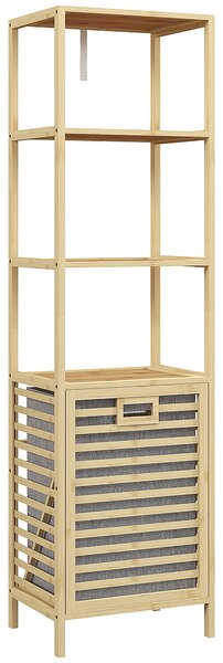 HOMCOM Colonna Bagno con 3 Ripiani in Legno di Bambù e Cesto Portabiancheria in Tessuto, 44x33x160cm|Aosom