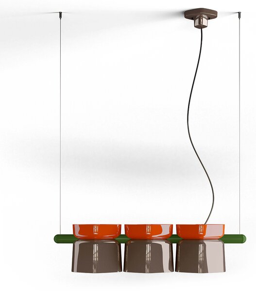 Lampadario Decò Yakitori Ceramica Arancio Volpe Moka Metallo Verde 3 Luci E27