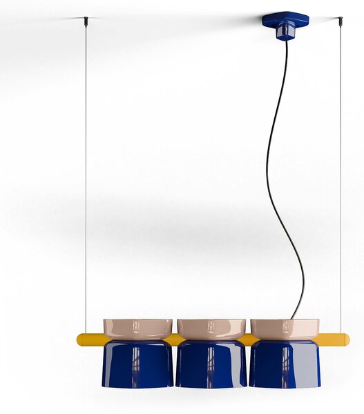 Lampadario Decò Yakitori Ceramica Grigio Sabbia Blu Metallo Giallo 3 Luci E27