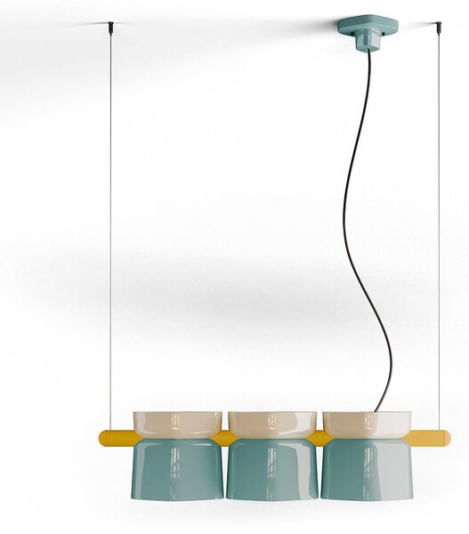 Lampadario Decò Yakitori Ceramica Crema Azzurro Metallo Giallo 3 Luci E27