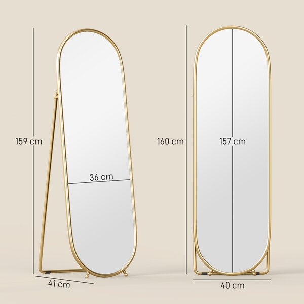 HOMCOM Specchio Verticale Ovale da Terra o a Parete con Supporto, in Vetro e Metallo, 40x41x159 cm, Tonalità Oro