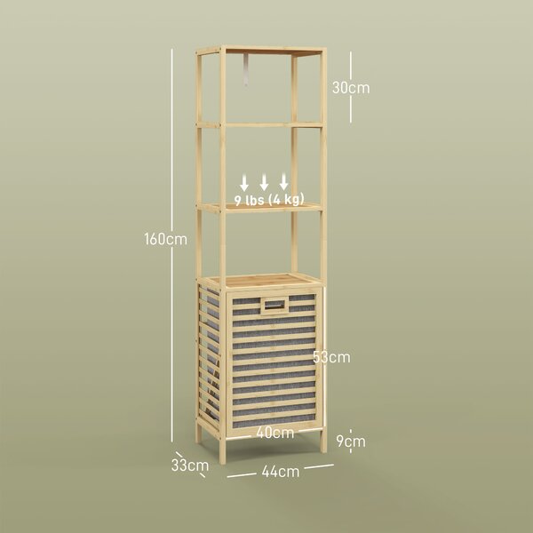 HOMCOM Colonna Bagno con 3 Ripiani in Legno di Bambù e Cesto Portabiancheria in Tessuto, 44x33x160cm|Aosom