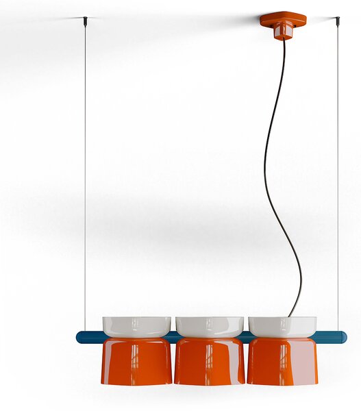 Lampadario Decò Yakitori Ceramica Bianco Arancio Volpe Metallo Blu 3 Luci E27