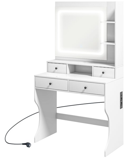 HOMCOM Toeletta Trucco con Luci LED 3 Tonalità e Specchio, Prese USB, 4 Cassetti e Mensole, 90x45x160cm, Bianco | Aosom Italy