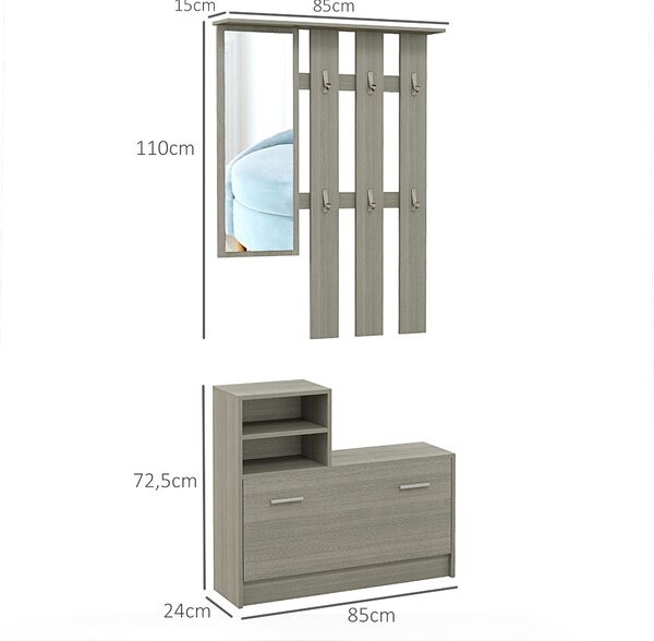 HOMCOM Set Mobili da Ingresso con Appendiabiti, Specchio, Panca con Scaffale e Scarpiera per 8 Paia di Scarpe, Grigio