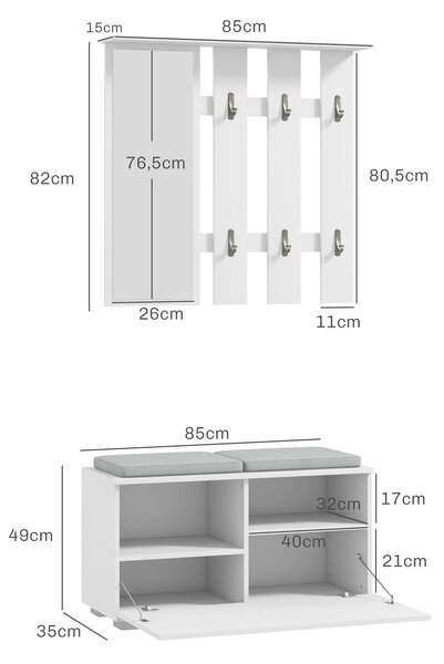 HOMCOM Set Mobili da Ingresso con Appendiabiti, Specchio, Panca con Cuscini e Scarpiera per 8 Paia di Scarpe, Bianco