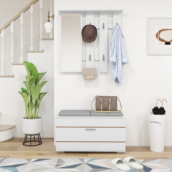 HOMCOM Set Mobili da Ingresso con Appendiabiti, Specchio, Panca con Cuscini e Scarpiera per 8 Paia di Scarpe, Bianco