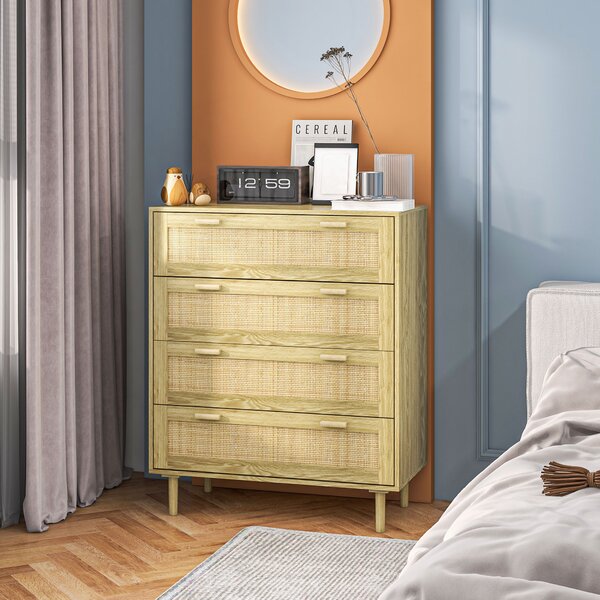 HOMCOM Cassettiera Mobile 4 Cassetti, Stile Boho in Legno e Rattan, al muro, per soggiorno, camera e ingresso, 90x45x108.5cm, Rovere|Aosom Italy