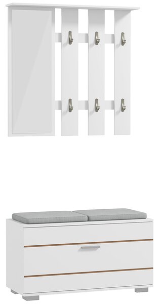 HOMCOM Set Mobili da Ingresso con Appendiabiti, Specchio, Panca con Cuscini e Scarpiera per 8 Paia di Scarpe, Bianco