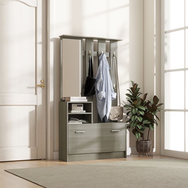 HOMCOM Set Mobili da Ingresso con Appendiabiti, Specchio, Panca con Scaffale e Scarpiera per 8 Paia di Scarpe, Grigio