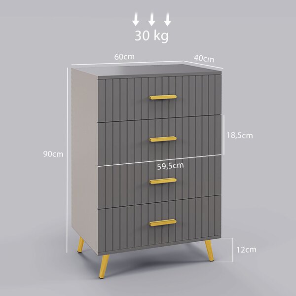 HOMCOM Cassettiera 4 Cassetti Moderna con Guide in acciaio e maniglie in alluminio, piedini antiscivolo,60x40x90 cm, oro Grigio Scuro|Aosom Italy
