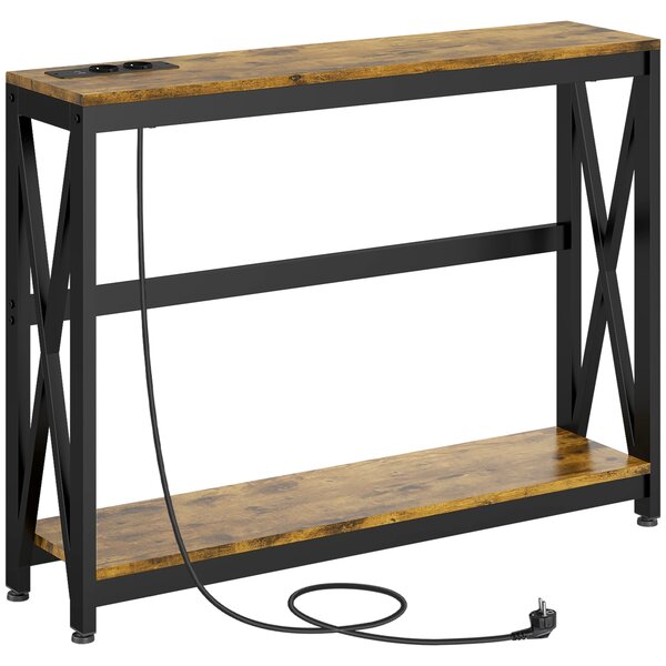 HOMCOM Tavolo Moderna da Ingresso Stile Industriale con Prese di Corrente e USB, Consolle Legno e Acciaio, 100x24x75cm, Marrone