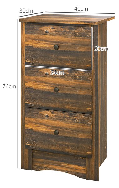 HOMCOM Comodino con 3 Cassetti dallo stile Rustico in Legno, 40x30x74 cm, Marrone