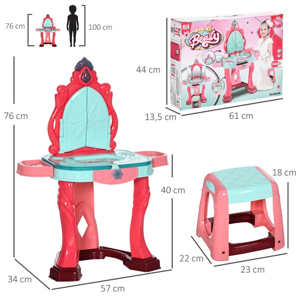 AIYAPLAY Tavolino Toeletta per Bambine con Sgabello, Specchio, Luci e Accessori, in PP e GPPS, 57x34x76 cm, Multicolore
