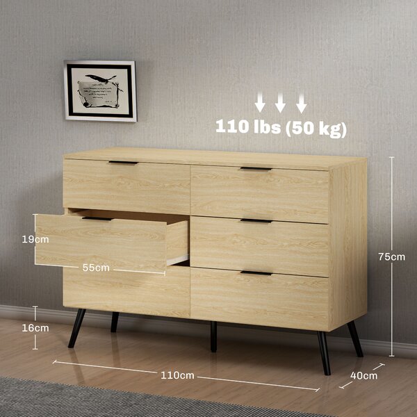 HOMCOM Cassettiera 6 Cassetti in Legno per Camera da Letto e Ingresso, 110x40x75cm, Rovere