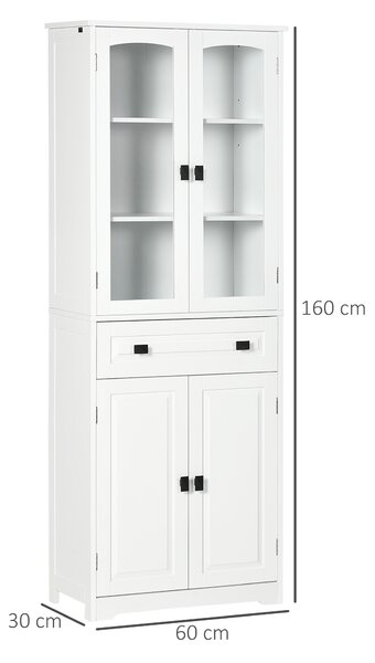 HOMCOM Credenza da Cucina Alta con 2 Armadietti e Cassetto, Ante a Vetri e Ripiani Regolabili, 60x30x160cm, Bianco