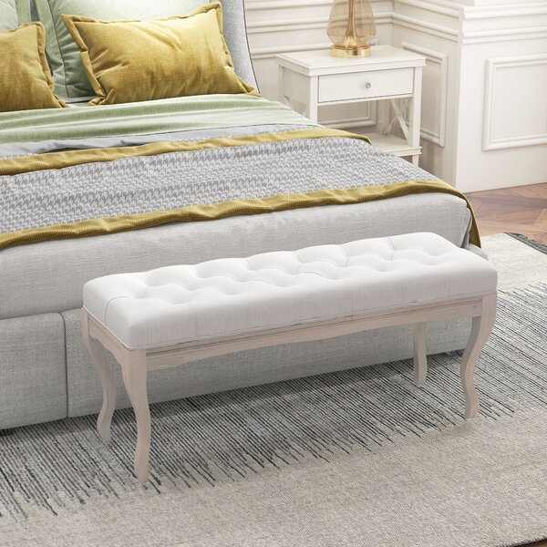 HOMCOM Panca Fondo Letto in Tessuto Effetto Lino, Schiuma e Legno, 110x37x49 cm, Bianco Crema