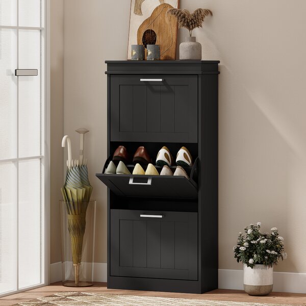 HOMCOM Scarpiera Moderna con 3 Cassetti Ribaltabili per 15 Paia di Scarpe e Ripiano Regolabile, 54x24x117.5cm, Nero