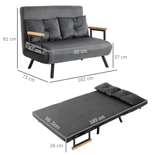 HOMCOM Divano Letto 3 in 1 in Tessuto Effetto Velluto con Schienale Regolabile e 2 Cuscini, 102x73x81 cm, Grigio Scuro