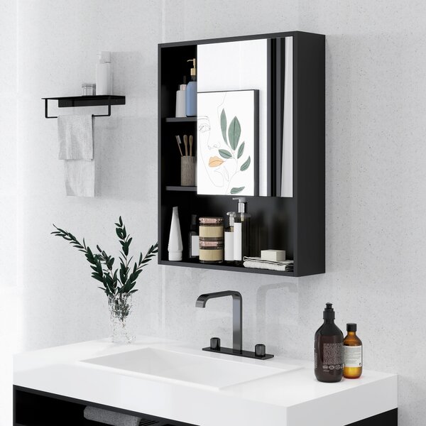 Kleankin Armadietto Bagno con Specchio, Ripiani e Scaffale Regolabile, Montaggio a Parete, 60x15x76cm, Nero