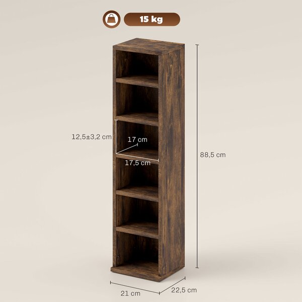 HOMCOM Set 2 Mobili Porta CD a 6 Ripiani Regolabili per 204 CD in Legno, 21x22.5x88.5 cm, Marrone | Aosom Italy