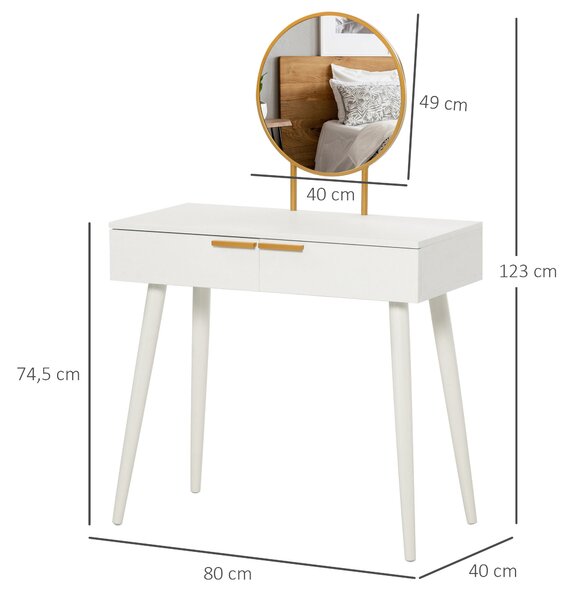 HOMCOM Tavolo Trucco con Specchio e 2 Cassetti per Accessori, in Legno, 80x40x123 cm, Bianco