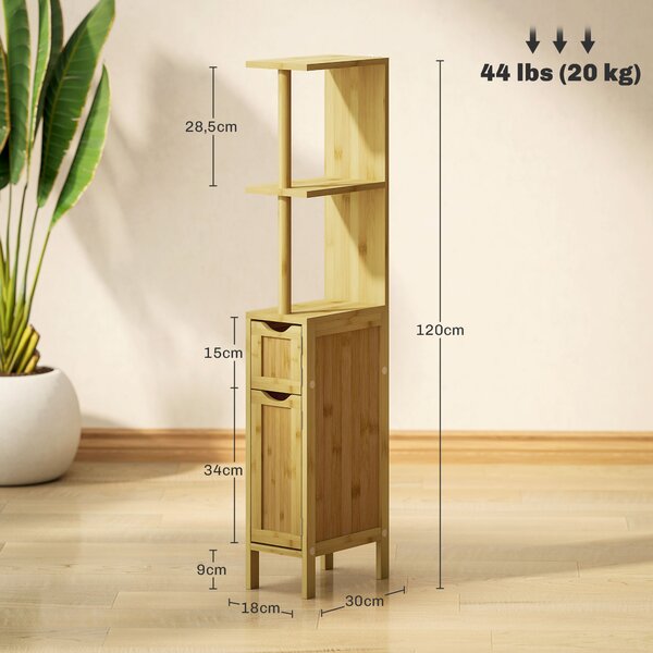 HOMCOM Colonna Bagno naturale e moderno di bambù con Ripiani Aperti e Armadietti con Ante Magnetiche, 18x30x120 cm, Colore Legno |Aosom Italy