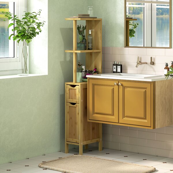 HOMCOM Colonna Bagno naturale e moderno di bambù con Ripiani Aperti e Armadietti con Ante Magnetiche, 18x30x120 cm, Colore Legno |Aosom Italy