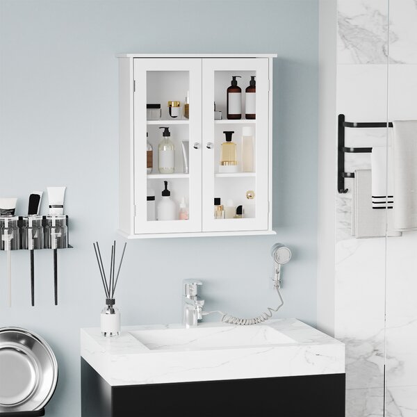 Kleankin Armadietto Pensile Bagno a 2 Ante in Legno e Vetro con Ripiano Regolabile, 55x20x65 cm, Bianco