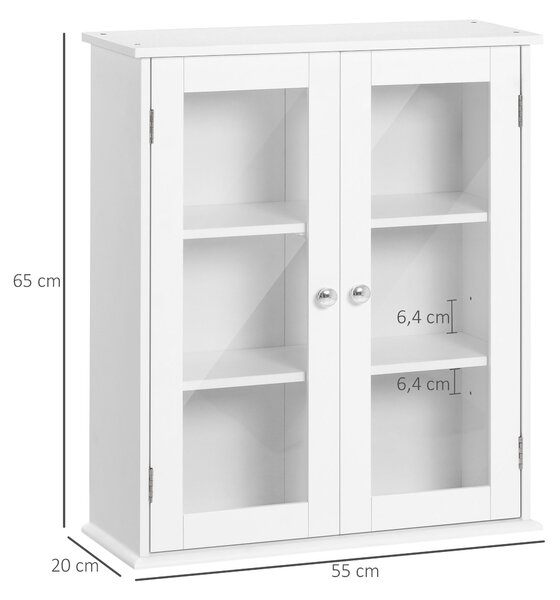 Kleankin Armadietto Pensile Bagno a 2 Ante in Legno e Vetro con Ripiano Regolabile, 55x20x65 cm, Bianco