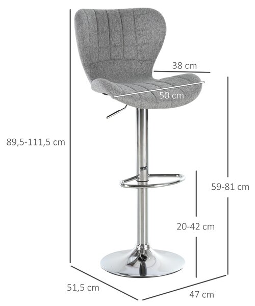 HOMCOM Set 2 Sgabelli Moderno da Bar con Schienale e Poggiapiedi, Altezza Regolabile, Telaio in metallo, tessuto in Tessuto, Grigio|Aosom Italy