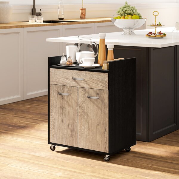 HOMCOM Carrello da Cucina con Cassetto, Armadietto e 4 Ruote in Legno, 60x40x77cm, Nero