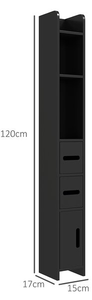 Mobiletto Bagno Salvaspazio con Mensole e Armadietti a 3 livelli, Alto Portaoggetti Indipendente a Colonna, in Legno 15x17x120cm, Nero| Aosom Italy